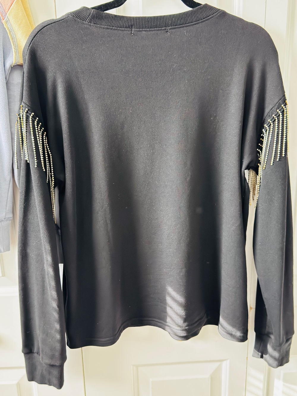 New York & Company Black Sweatshirt with Gold Fringe Chain Trim